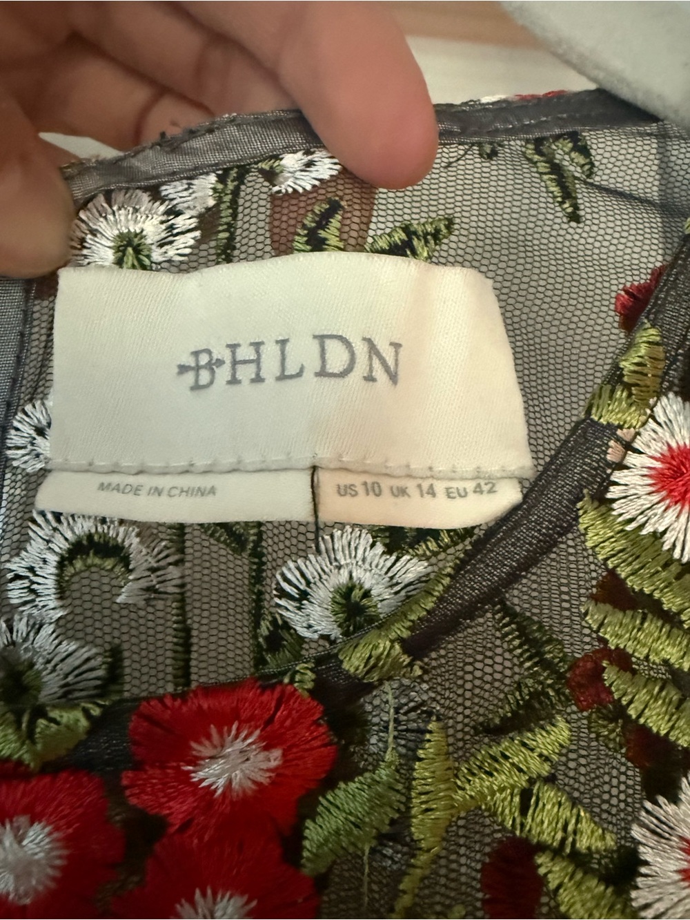 BHLDN Black Midi Dress with Red, White & Green Floral Embroidery and Green Trim - Picture 9 of 15